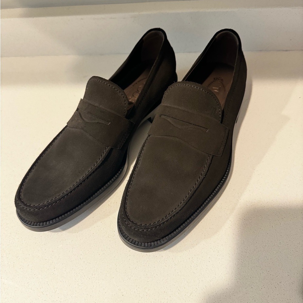 TODS Mens Suede Penny Loafers dark dark brown